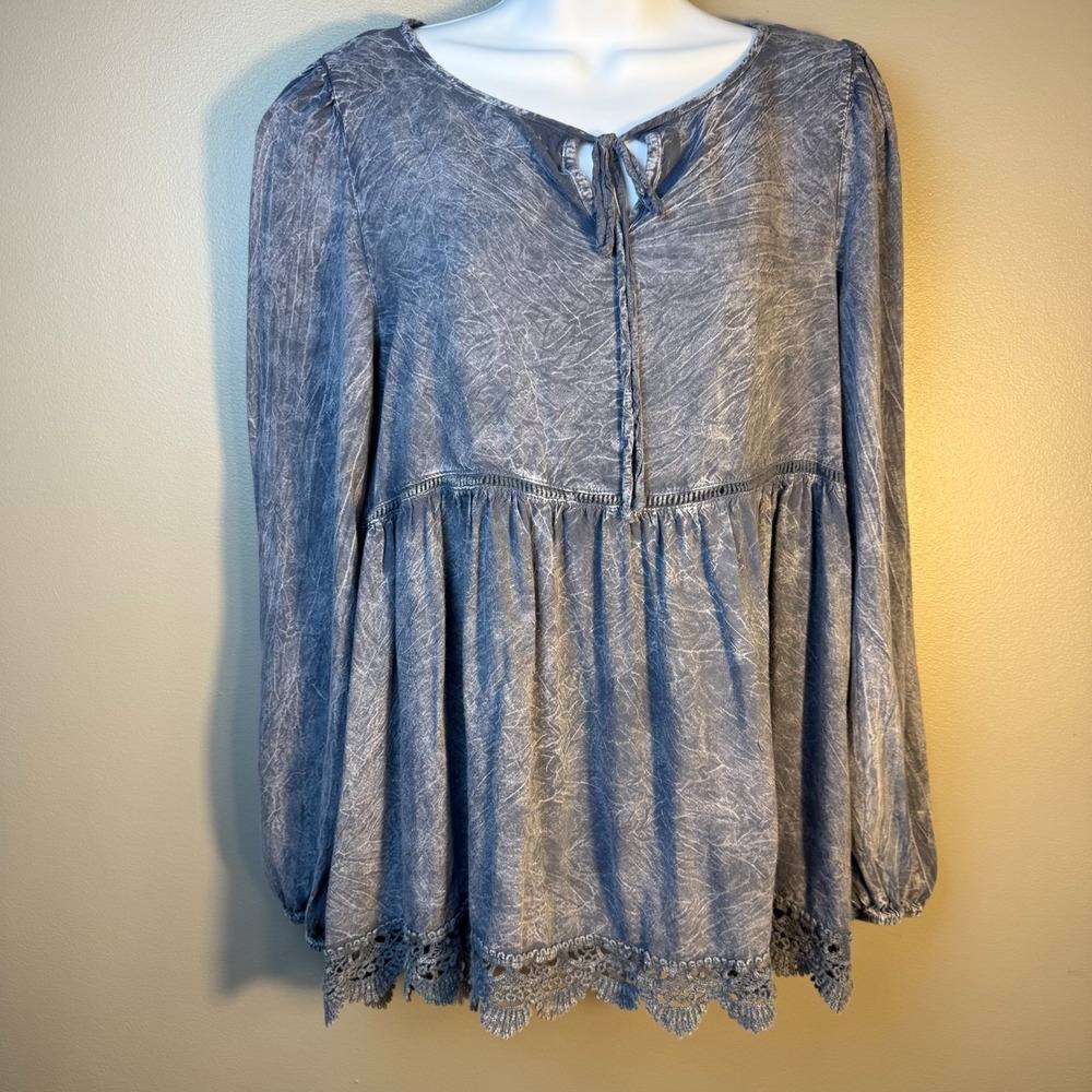 Altar'd State Blue Mineral Wash Babydoll Top XS Boho Lace Hem